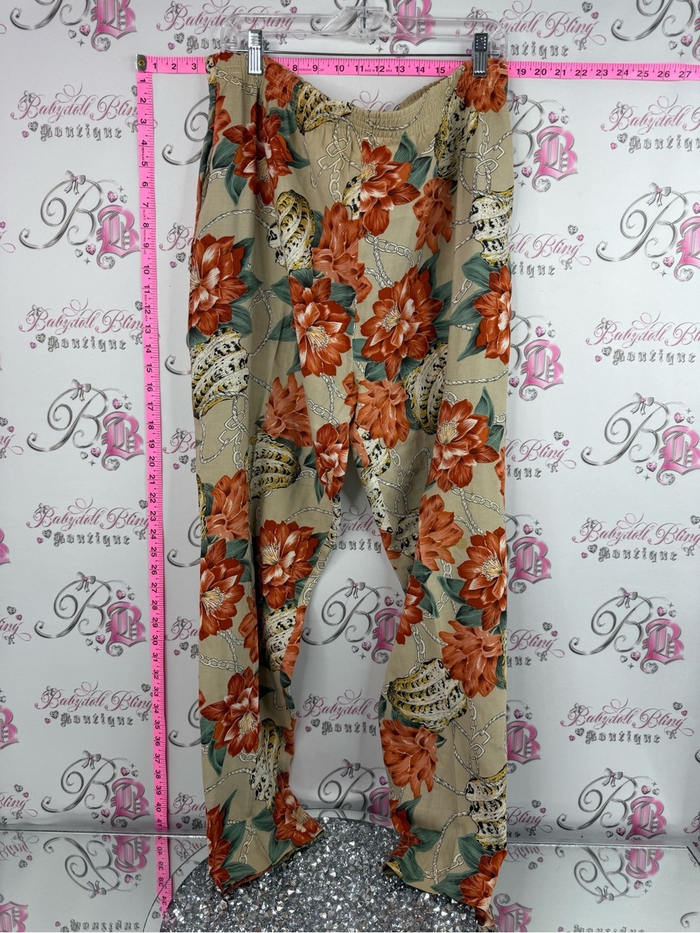 80 sauve pants chain link style Beige Floral Boot-Cut Pants with Rust Blooms